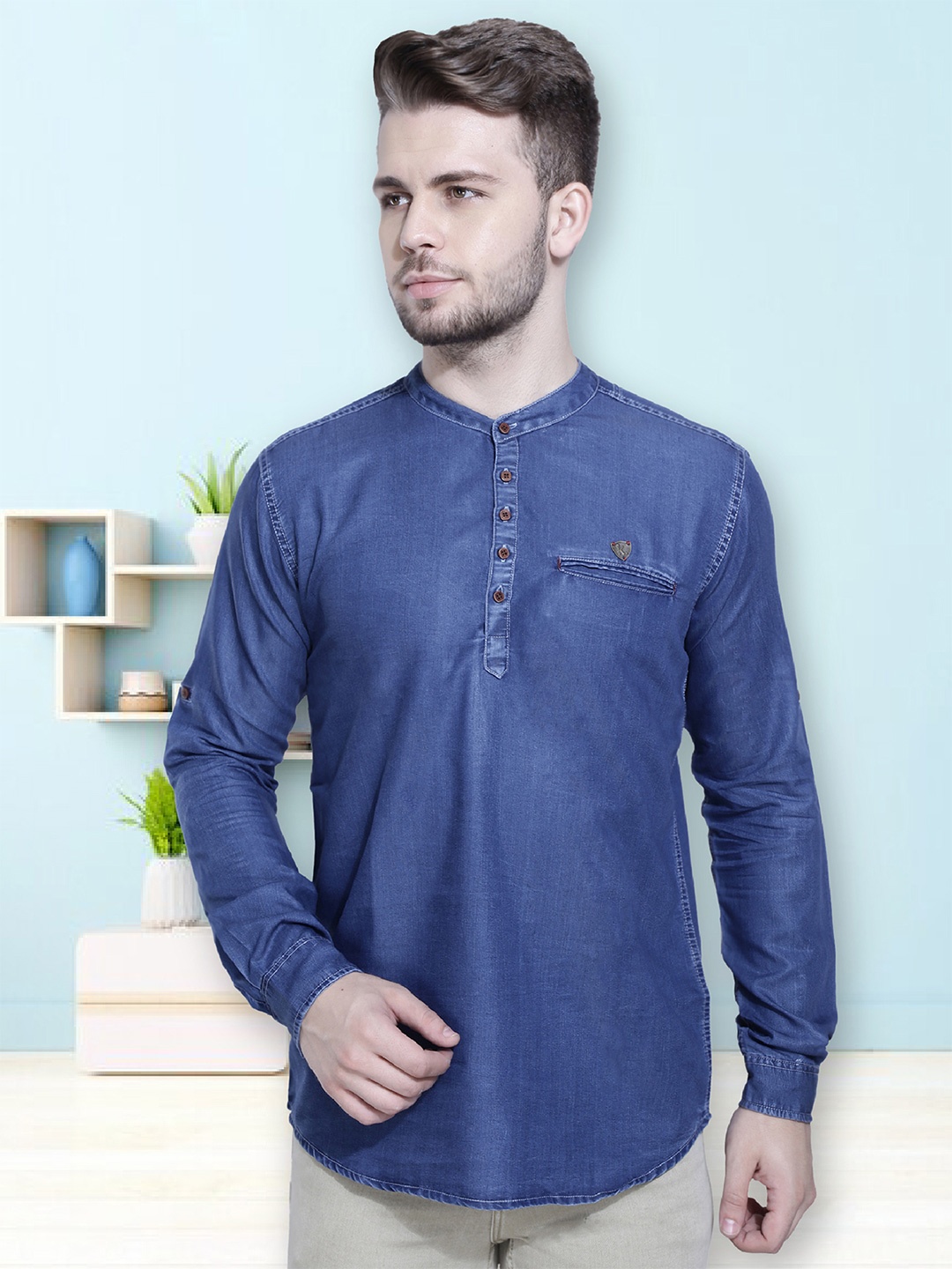 

Kuons Avenue Band Collar Denim Straight Kurta, Blue