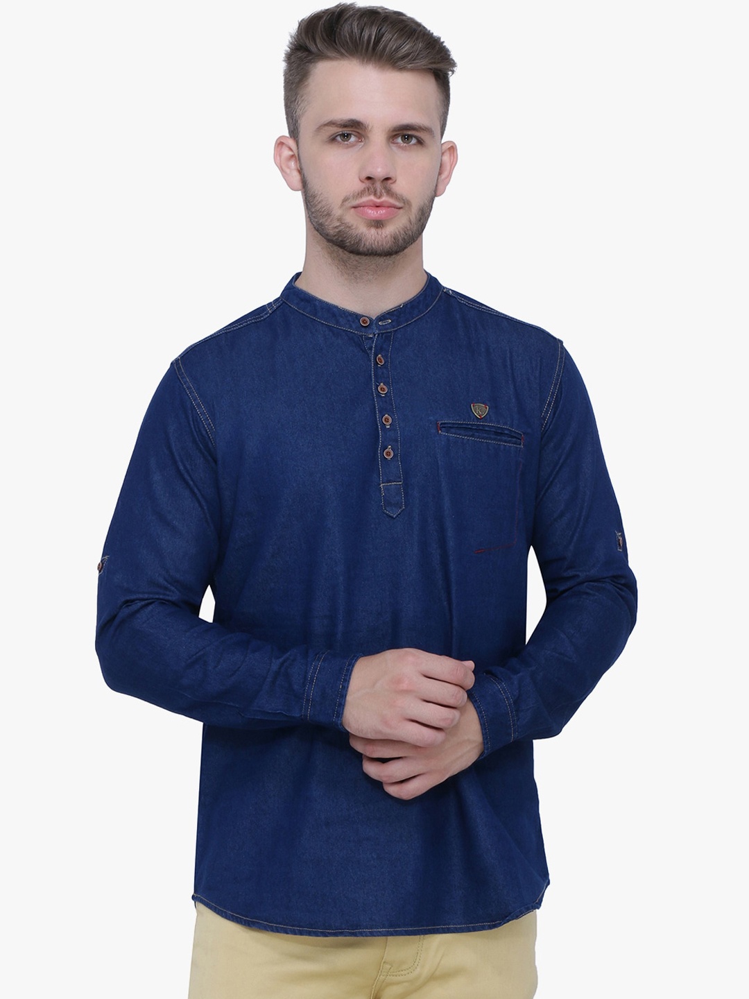 

Kuons Avenue Mandarin Collar Indigo Denim Kurta, Blue