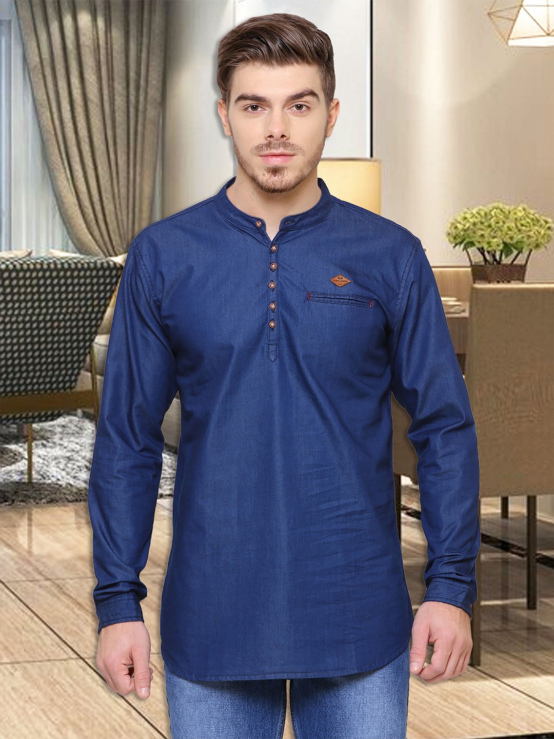 

Kuons Avenue Band Collar Indigo Denim Kurta, Blue