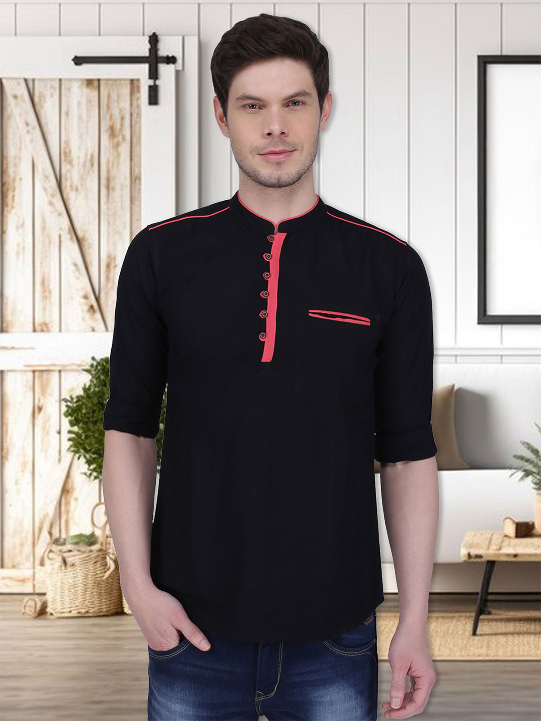 

Kuons Avenue Mandarin Collar Linen Cotton Straight Kurta, Black