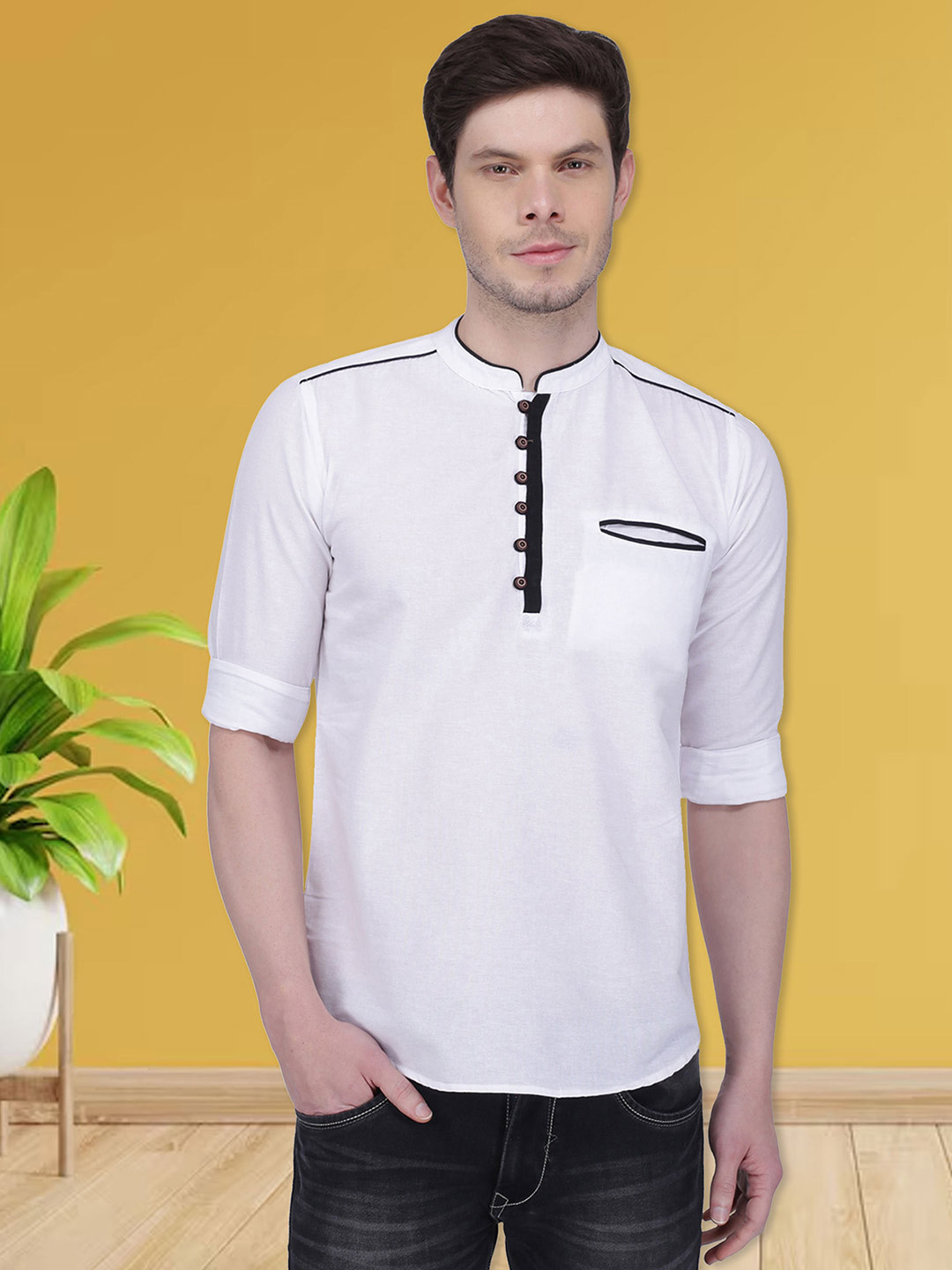 

Kuons Avenue Mandarin Collar Linen Straight Kurta, White