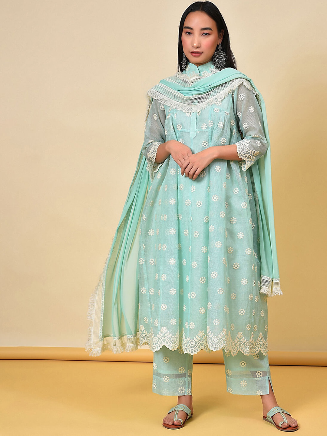 

NUHH Floral Embroidered Anarkali Kurta & Trousers With Dupatta, Green