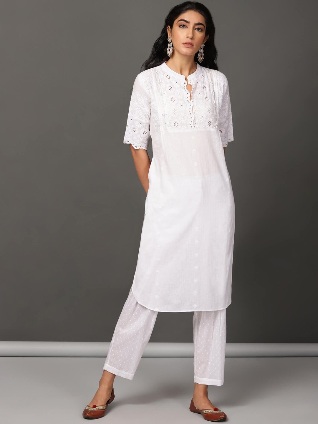 

NUHH Woven Design Mandarin Collar Schiffli Pure Cotton Kurta With Trousers, White