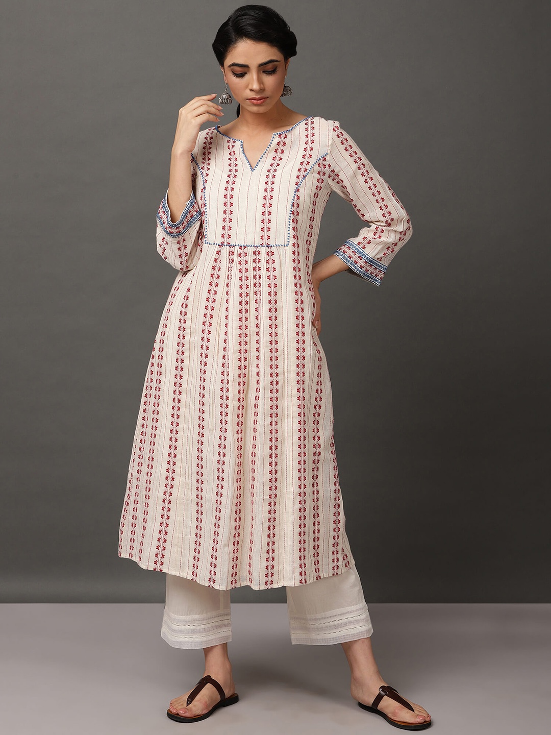 

NUHH Floral Printed Thread Work Pure Cotton Anarkali Kurta With Trousers, Off white