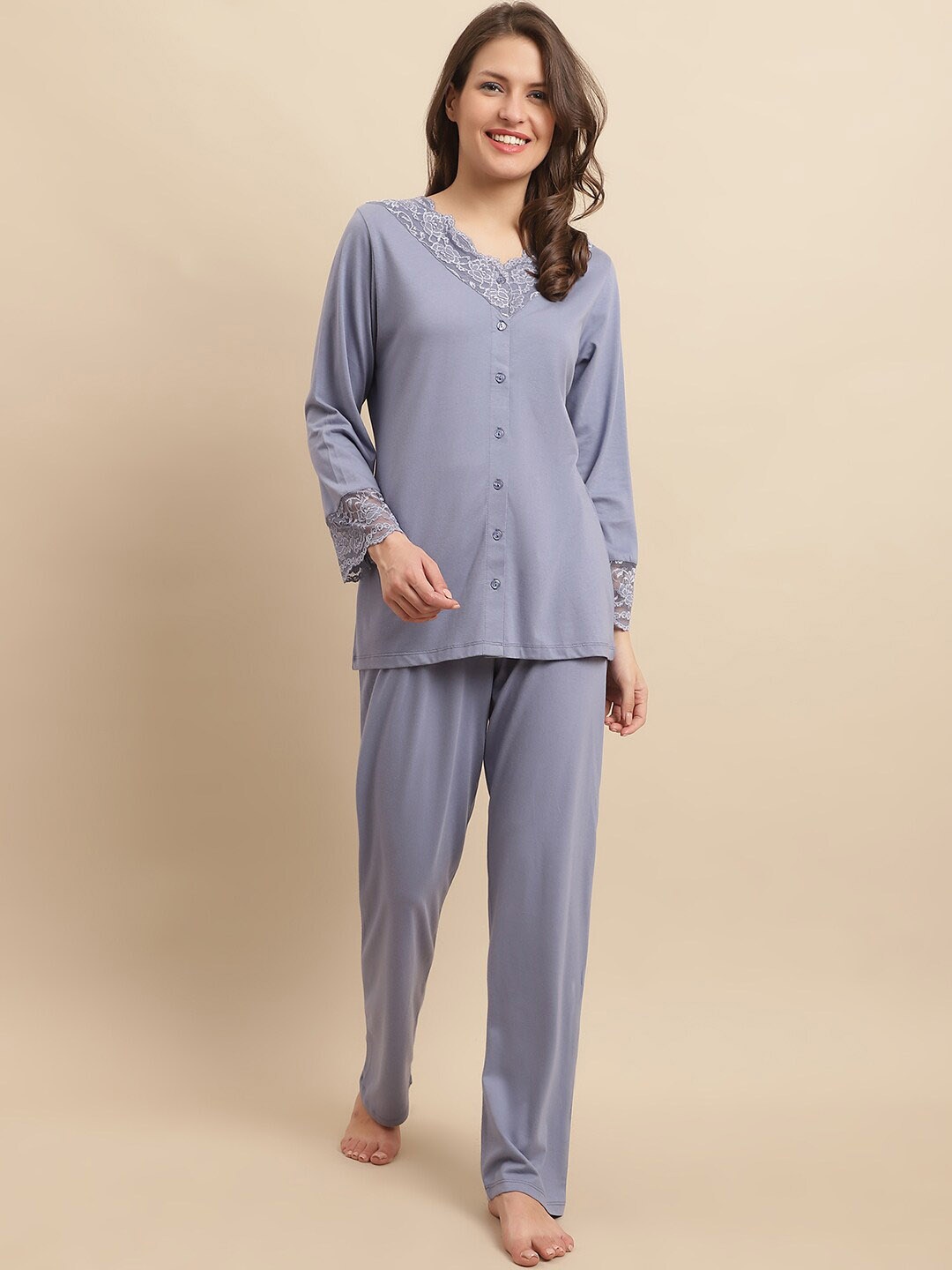 

Kanvin V-Neck Long Sleeves Night suits, Blue