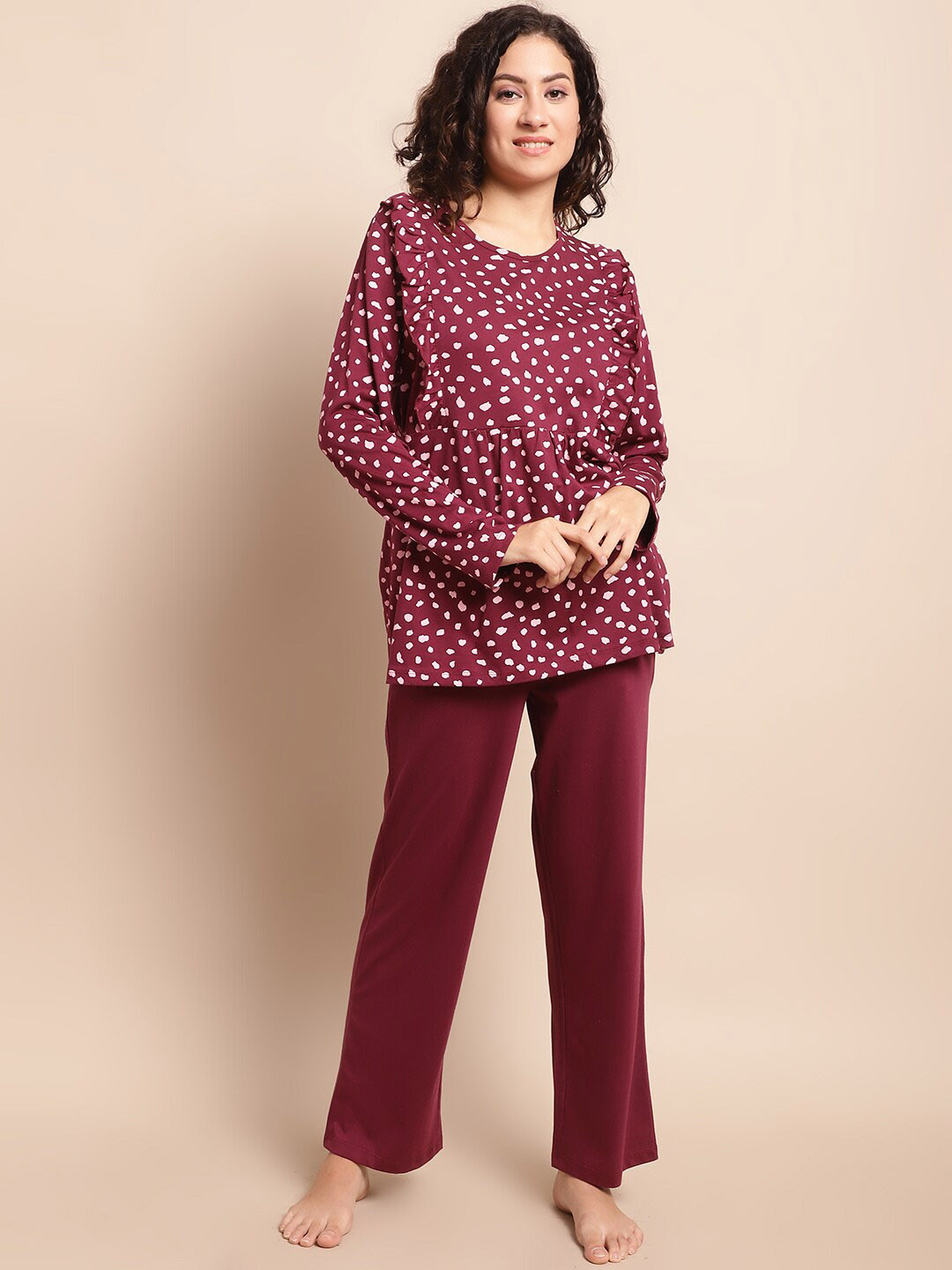 

Kanvin Geometric Printed Night Suit, Maroon