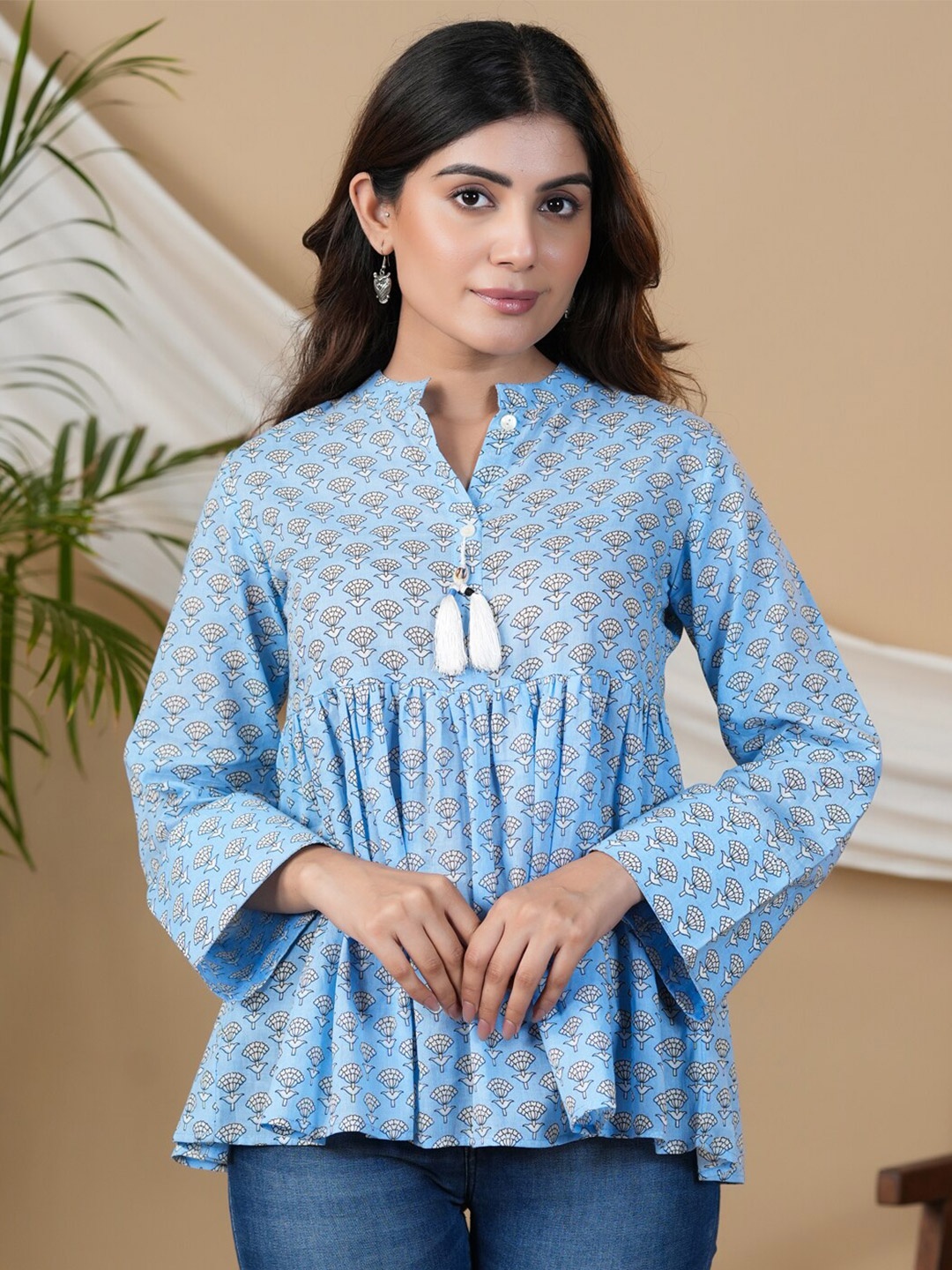 

Adveta Floral Printed Puff Sleeves Mandarin Collar Pleated Cotton A-Line Top, Blue