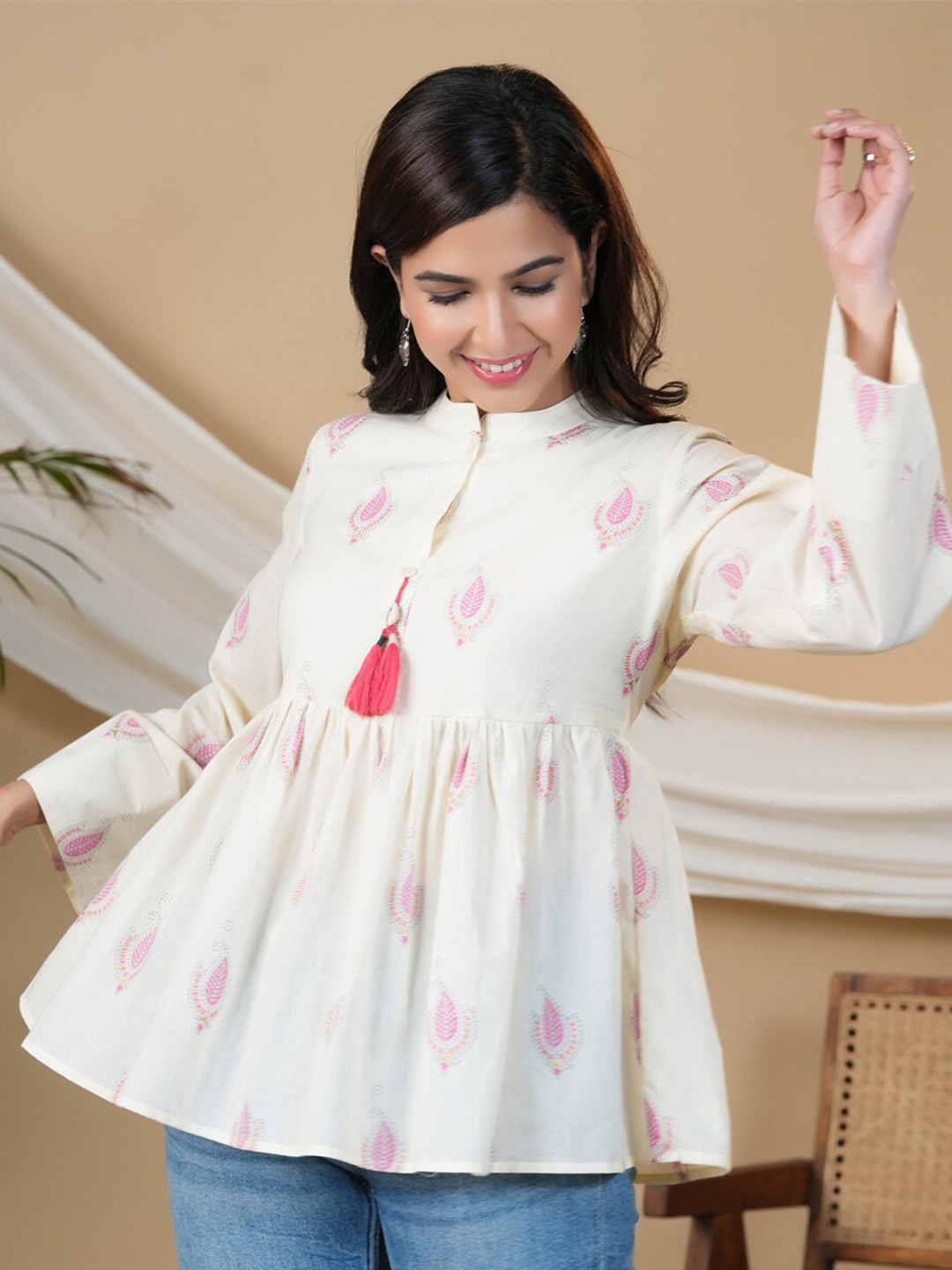

Adveta Ethnic Motifs Printed Puff Sleeves Mandarin Collar Pleated Cotton A-Line Top, Beige