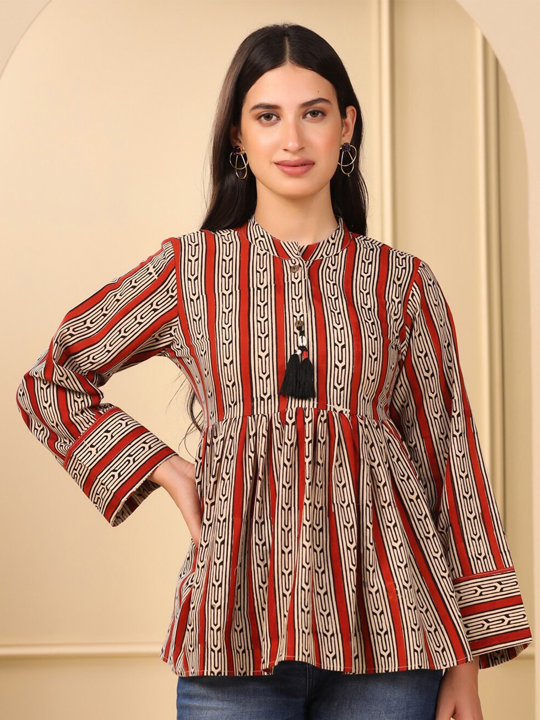 

Adveta Ethnic Motifs Printed Mandarin Collar Pleated Cotton A-Line Top, Beige