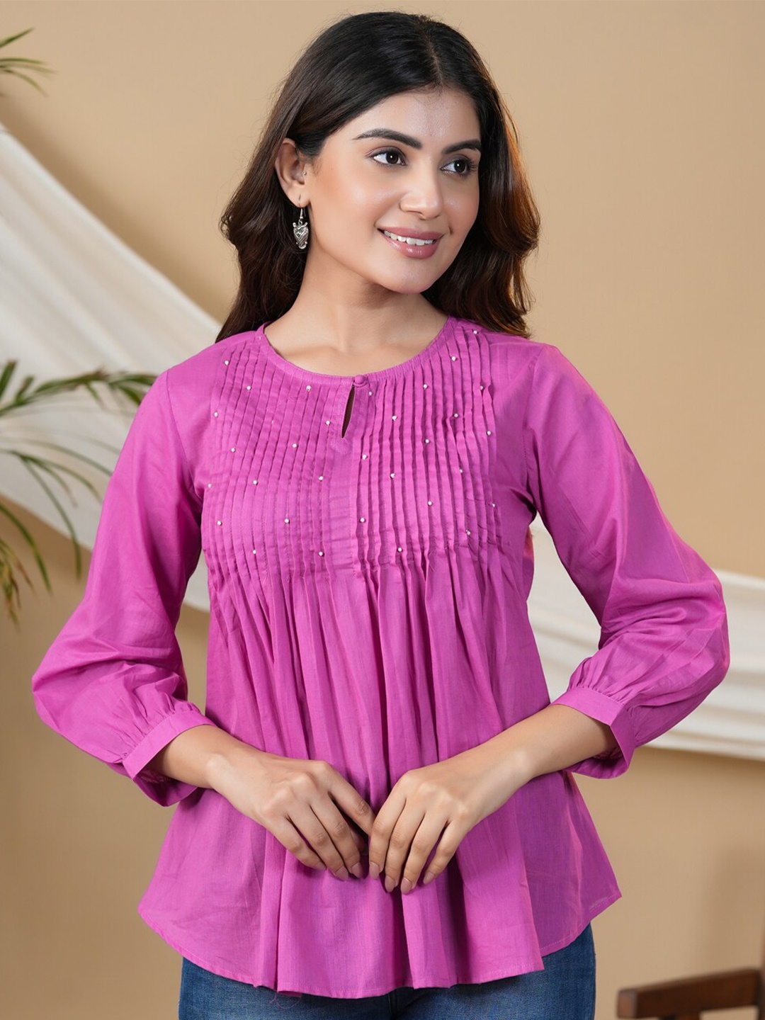 

Adveta Keyhole Neck Puff Sleeves Pleated Cotton A-Line Top, Violet