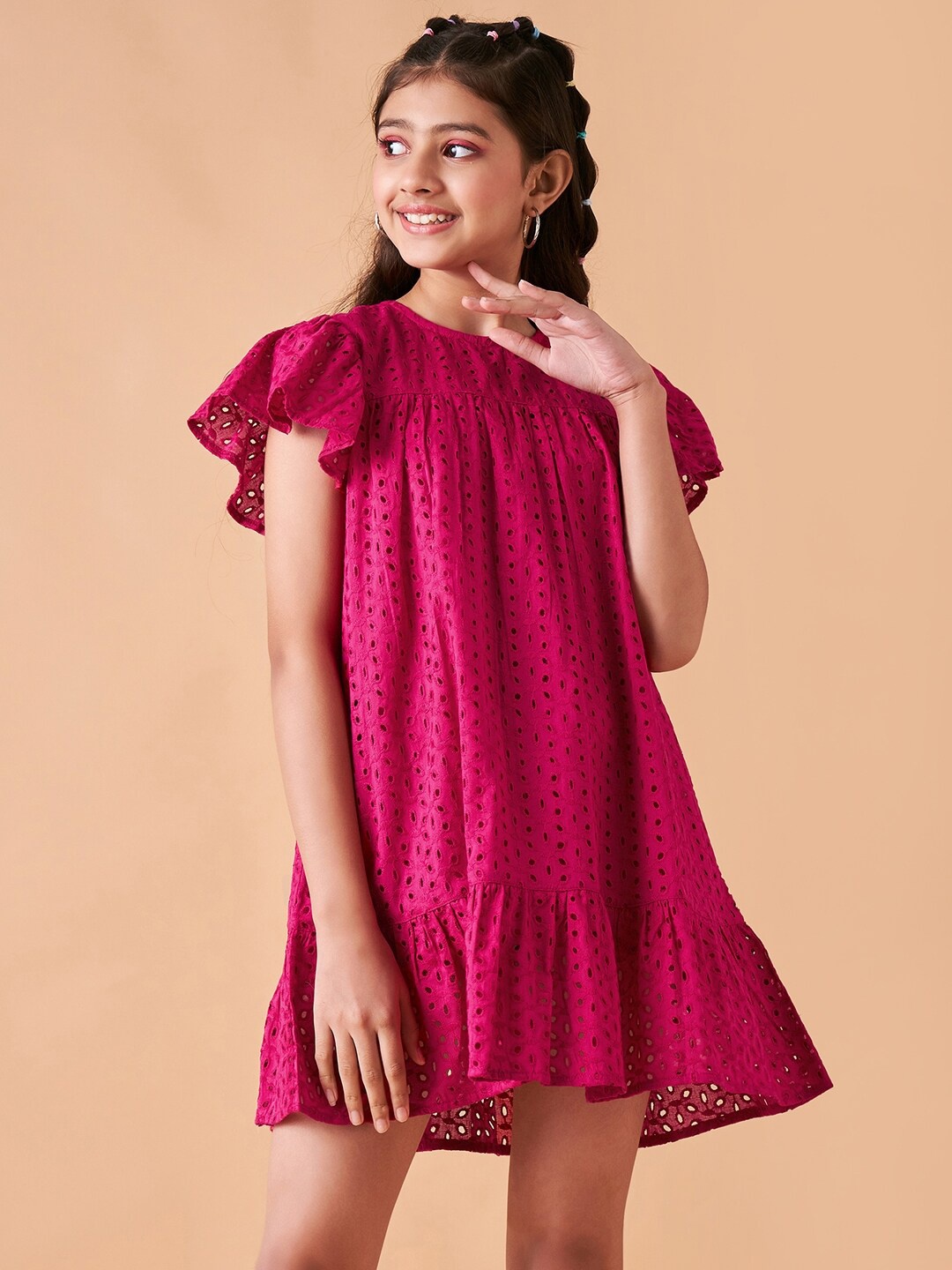 

Cherry & Jerry Girls Self Design Flutter Sleeves Cotton A-Line Mini Dress, Magenta