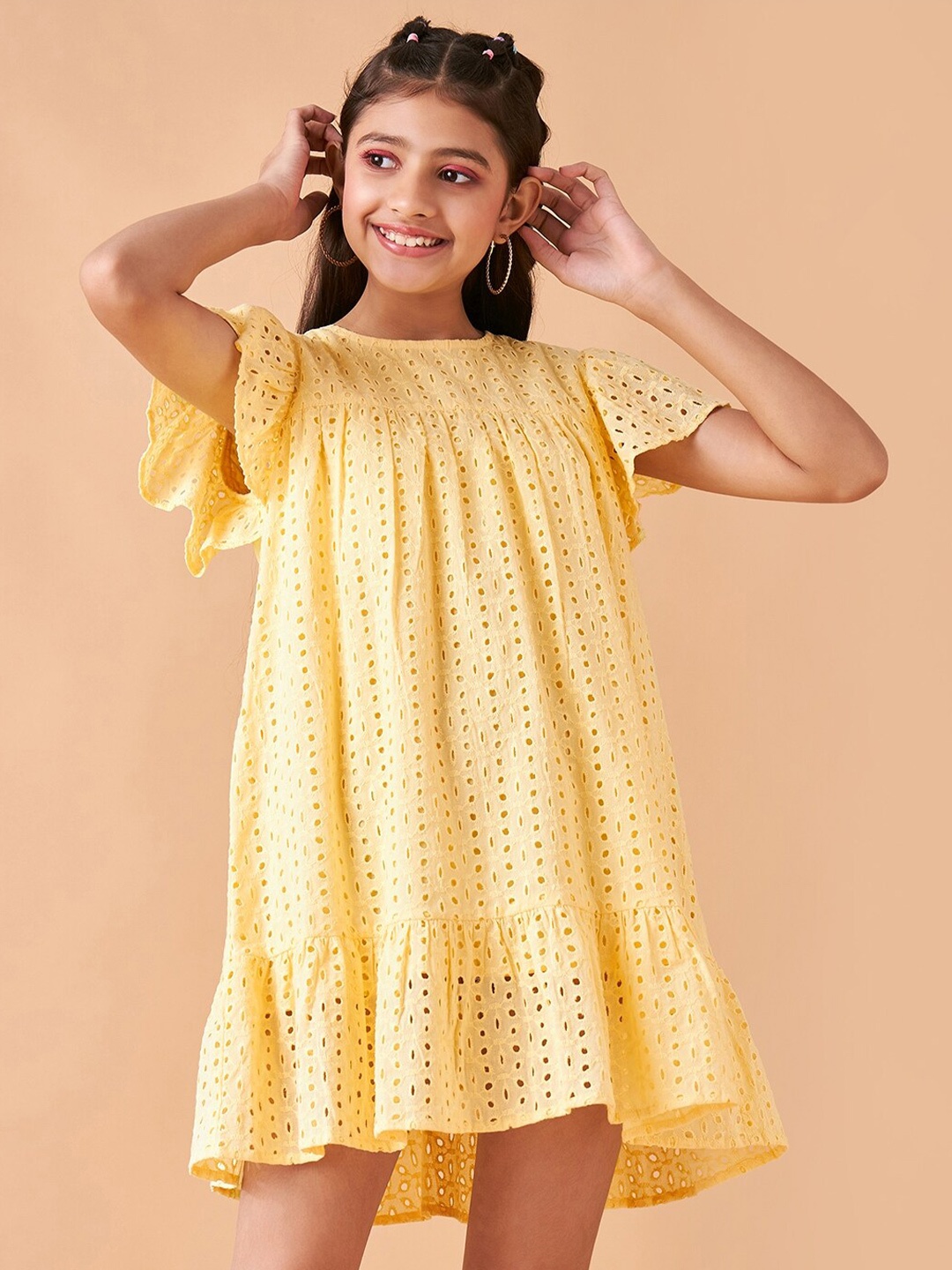 

Cherry & Jerry Girls Self Design Flutter Sleeves Cotton A-Line Mini Dress, Yellow