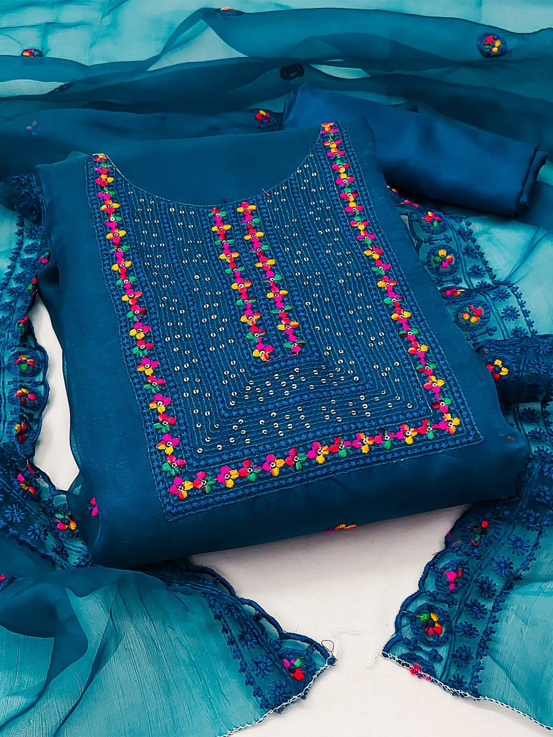 

ZEEPKART Ethnic Motifs Embroidered Sequined Organza Unstitched Dress Material, Blue