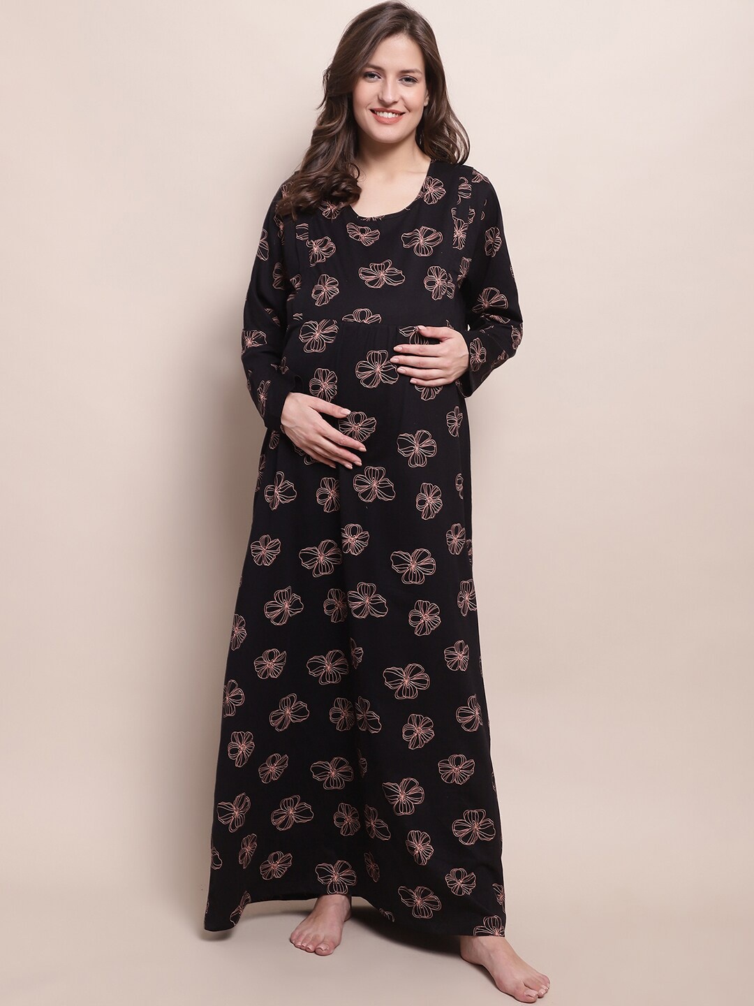 

Kanvin Black Floral Printed Pure Cotton Maternity Maxi Nightdress