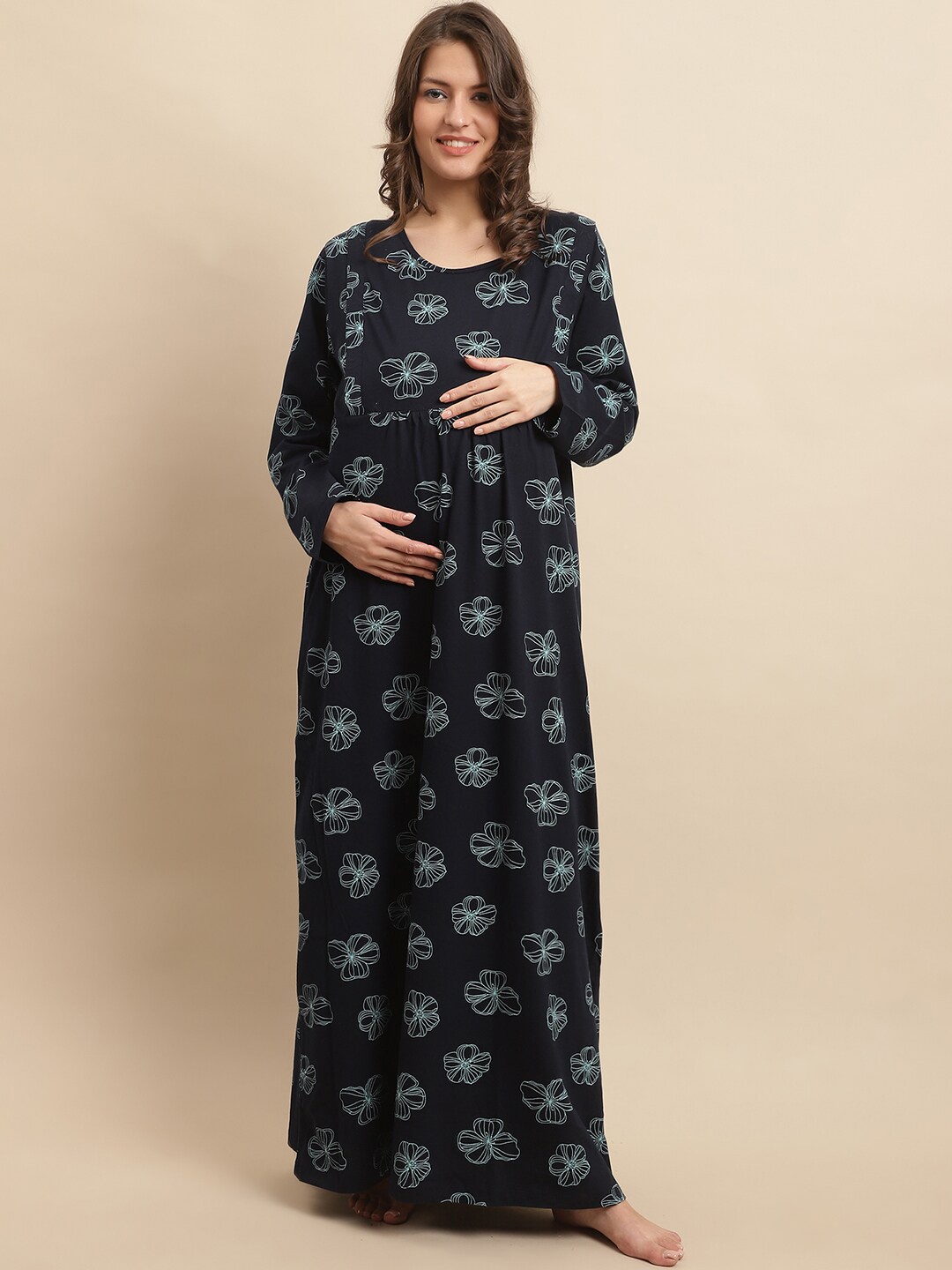 

Kanvin Navy Blue Printed Pure Cotton Maternity Maxi Nightdress