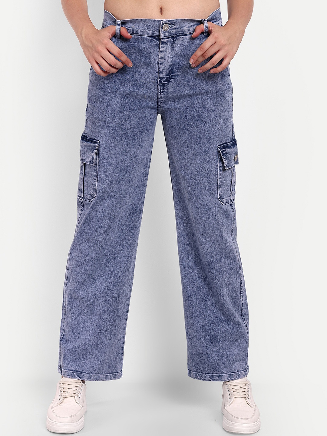 

BROADSTAR Women Smart Wide Leg High-Rise Heavy Fade Stretchable Jeans, Navy blue