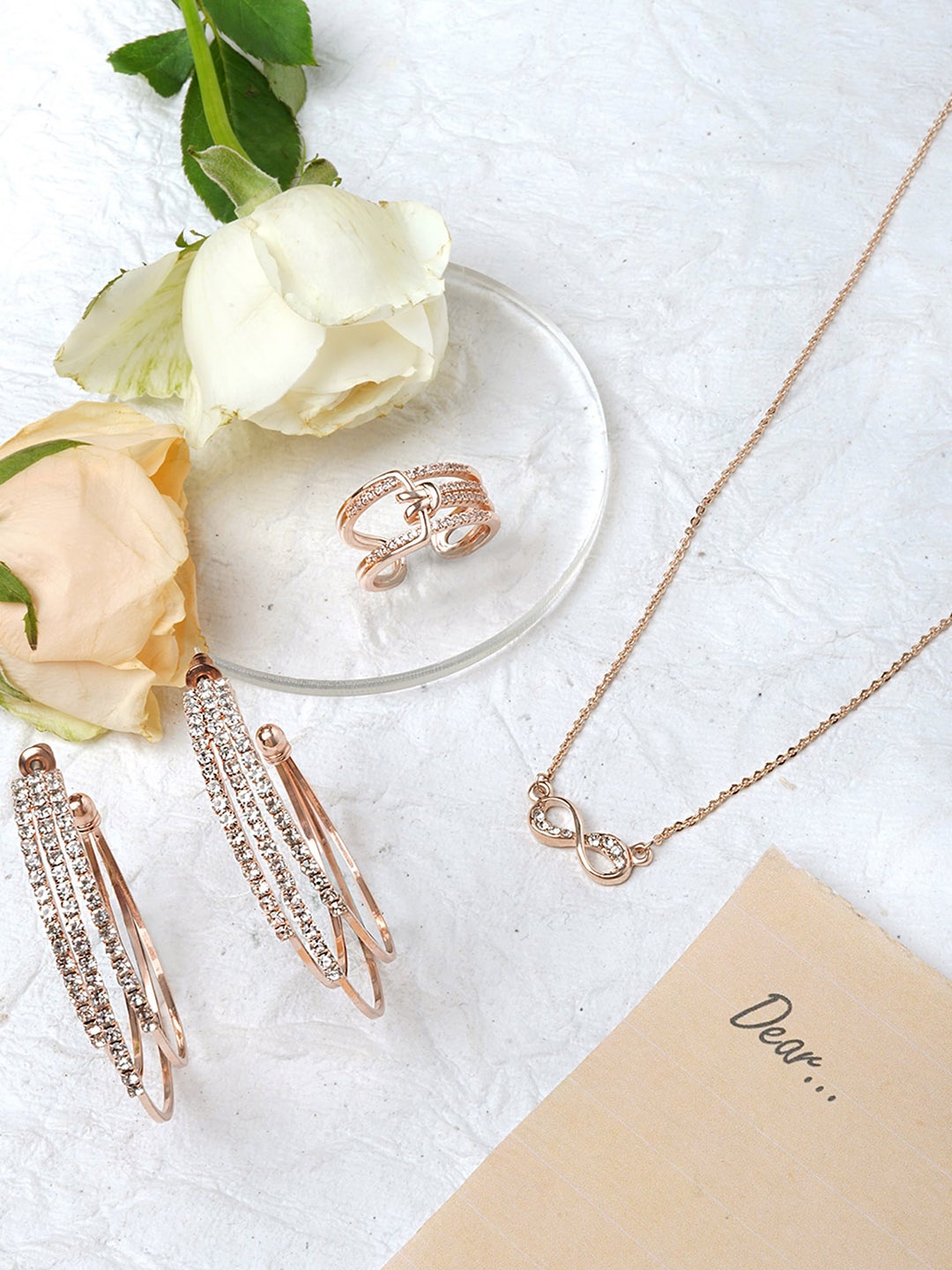 

JOKER & WITCH Love Cards Set Of 3 Gold-Plated Stone Studded Jewelry Set, Rose gold