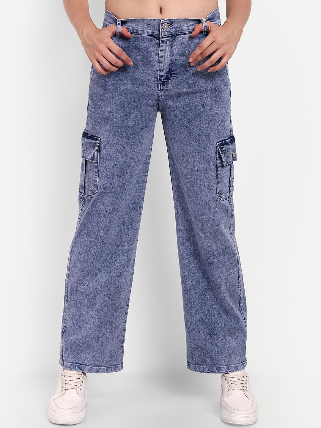 

Next One Women Smart Wide Leg High-Rise Clean Look Heavy Fade Cotton Stretchable Jeans, Navy blue
