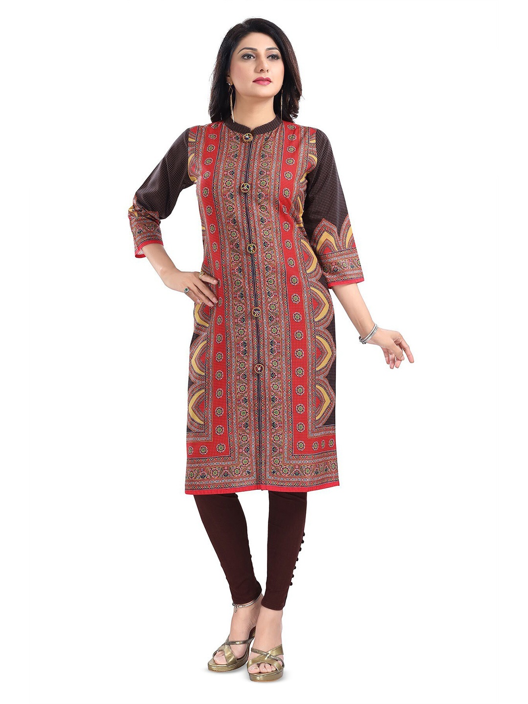 

keshubaba Ethnic Motifs Printed Mandarin Collar Straight Kurta, Brown