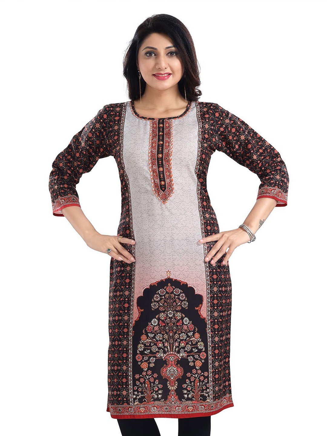 

keshubaba Ethnic Motifs Printed Mirror Work Straight Kurta, Black