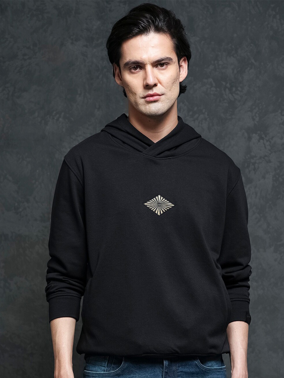 

RARE RABBIT Men Trivial Graphic Print Hooded Sweatshirt, Black
