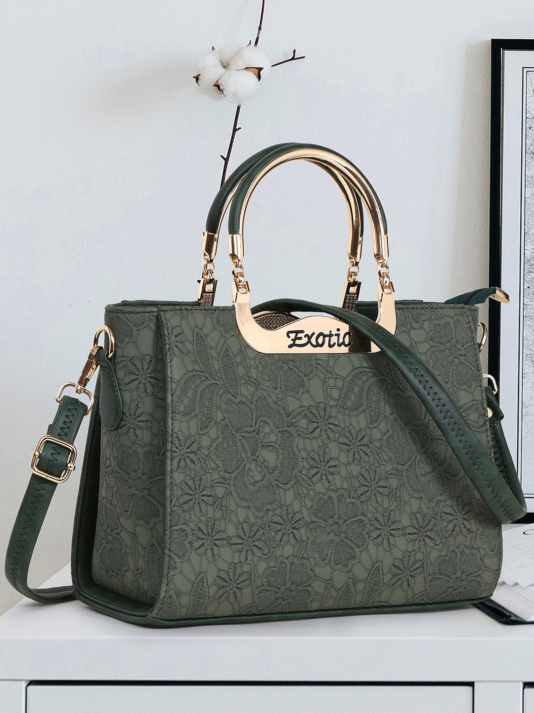 

Exotic Floral Self Design Structured Handheld Bag, Green