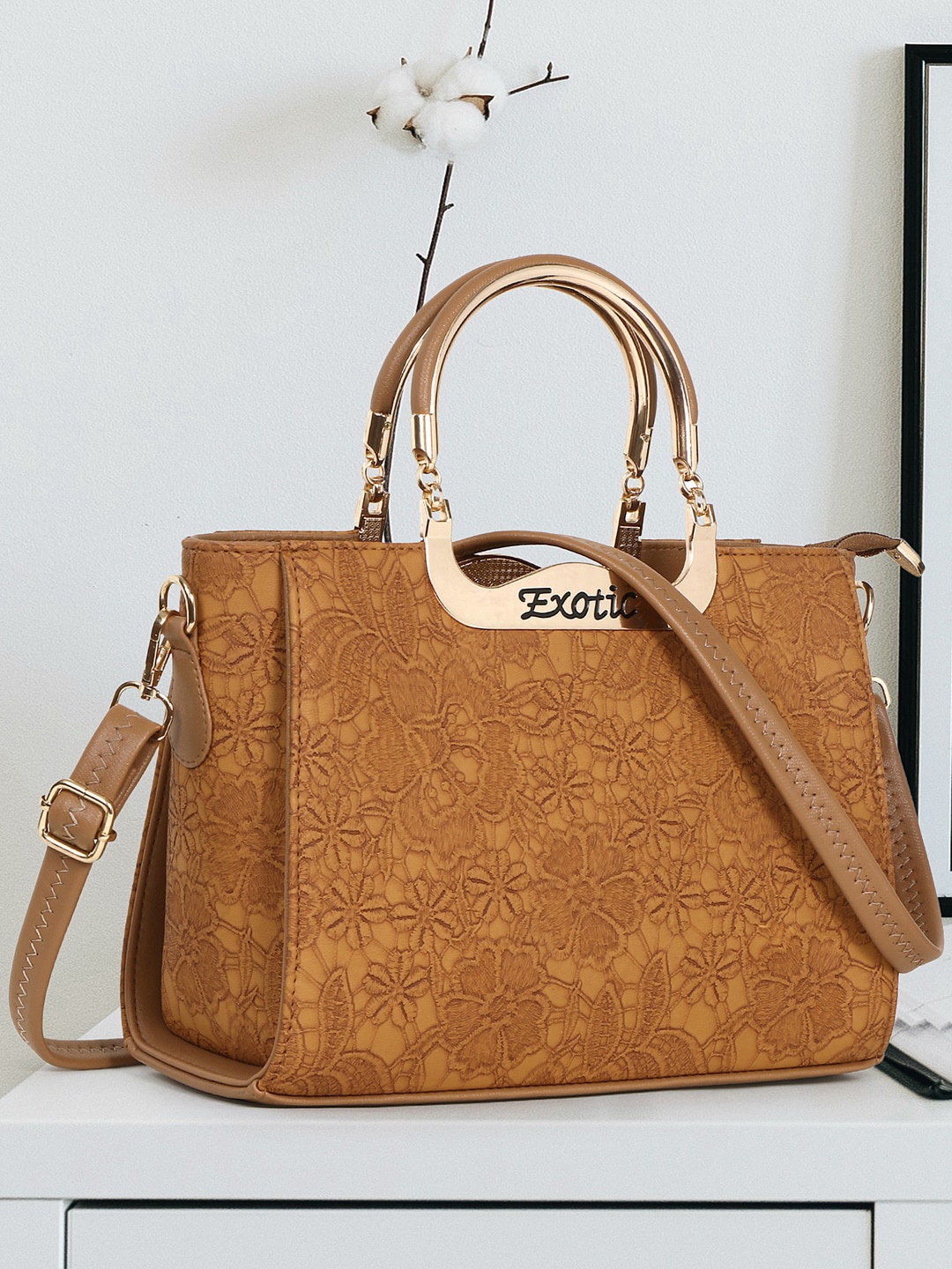 

Exotic Floral Self Design Structured Handheld Bag, Mustard