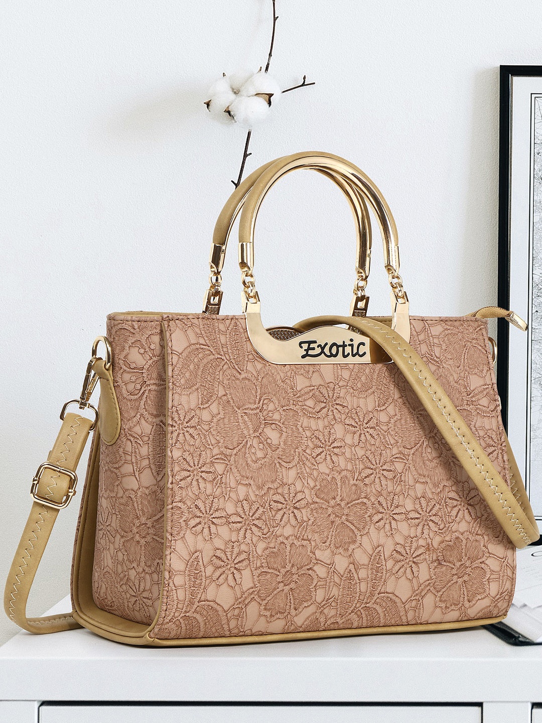 

Exotic Floral Self Design Structured Handheld Bag, Beige
