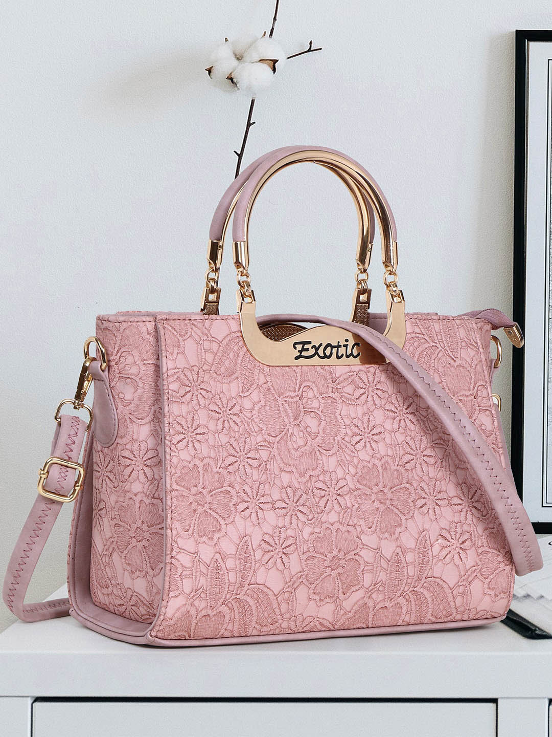

Exotic Floral Self Design Structured Handheld Bag, Pink
