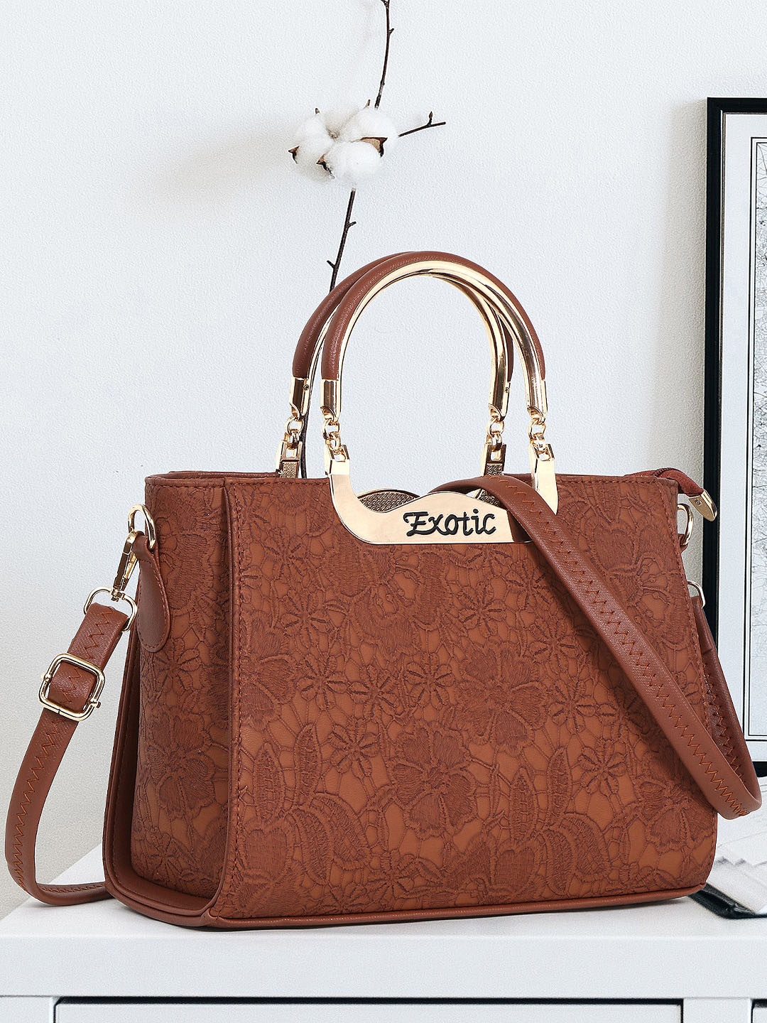 

Exotic Floral Self Design Structured Handheld Bag, Tan