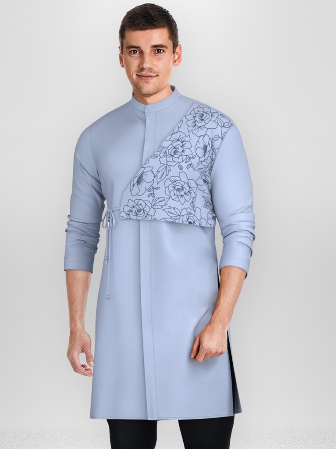 

HE SPOKE Mandarin Collar Long Sleeves Cotton Kurta, Blue