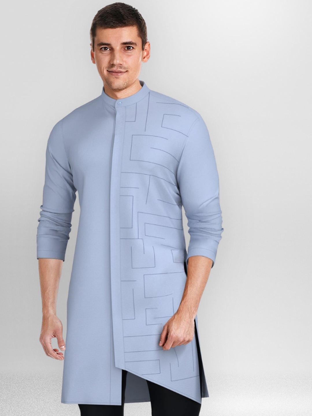 

HE SPOKE Mandarin Collar Long Sleeves Cotton Kurta, Blue