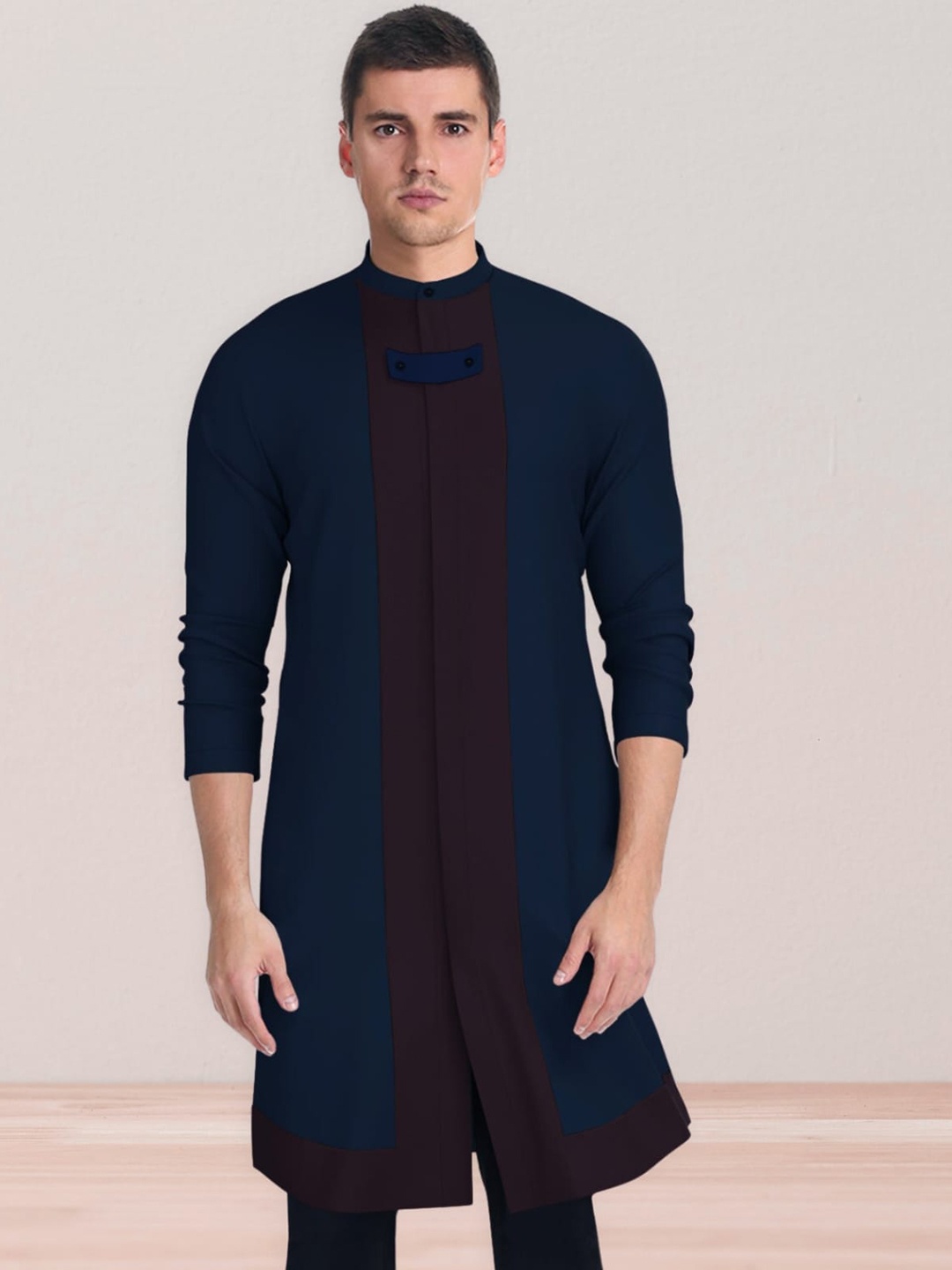 

HE SPOKE Mandarin Collar Long Sleeves Cotton Kurta, Navy blue
