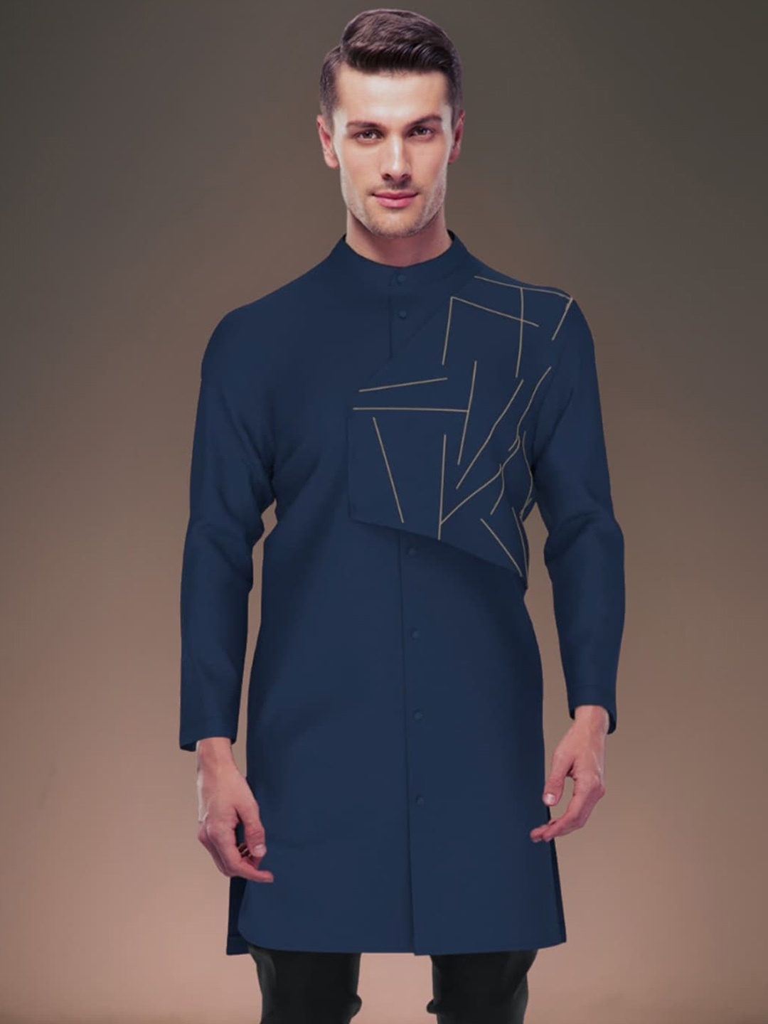

HE SPOKE Mandarin Collar Long Sleeves Cotton Kurta, Navy blue
