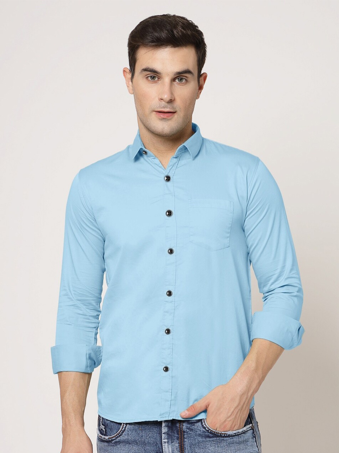 

ADWYN PETER New Spread Collar Cotton Casual Shirt, Turquoise blue