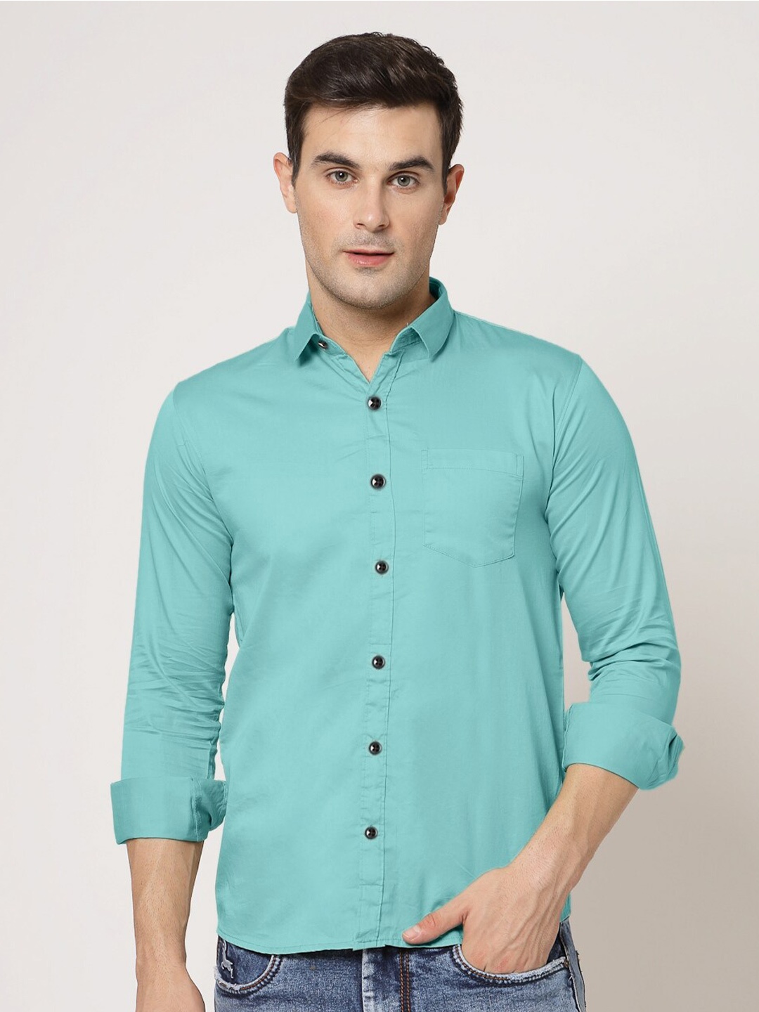 

ADWYN PETER New Spread Collar Cotton Casual Shirt, Teal