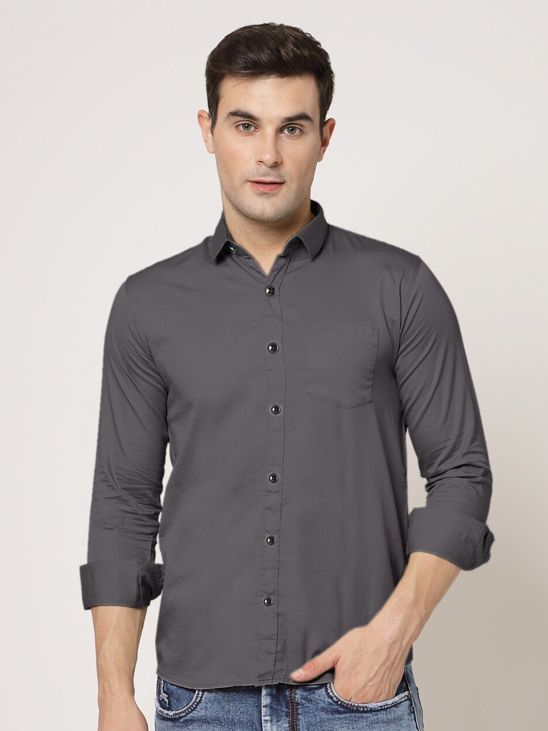 

ADWYN PETER New Spread Collar Cotton Casual Shirt, Grey