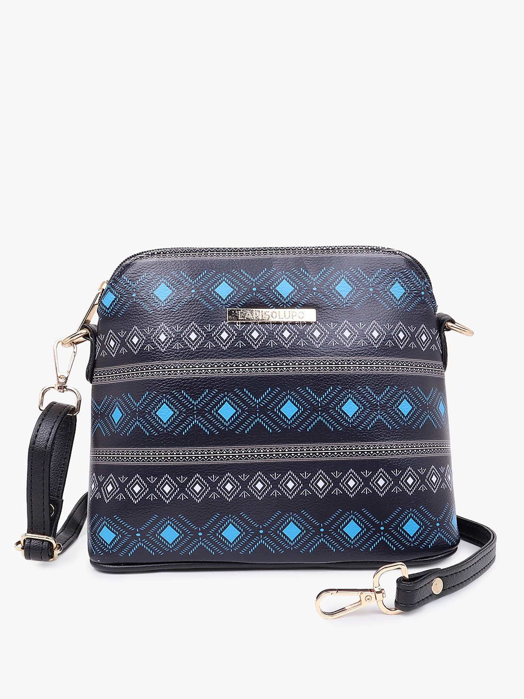 

Lapis O Lupo Geometric Printed Structured Sling Bag, Black