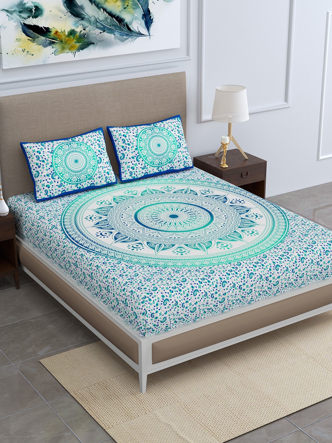 

SheetKart Ombre Sea Green Printed Cotton 104 TC Queen Bedsheet with 2 Pillow Covers