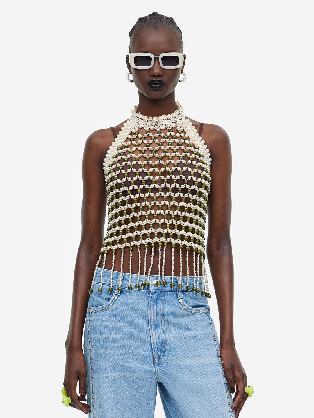 

H&M Beaded Halterneck Top, Beige