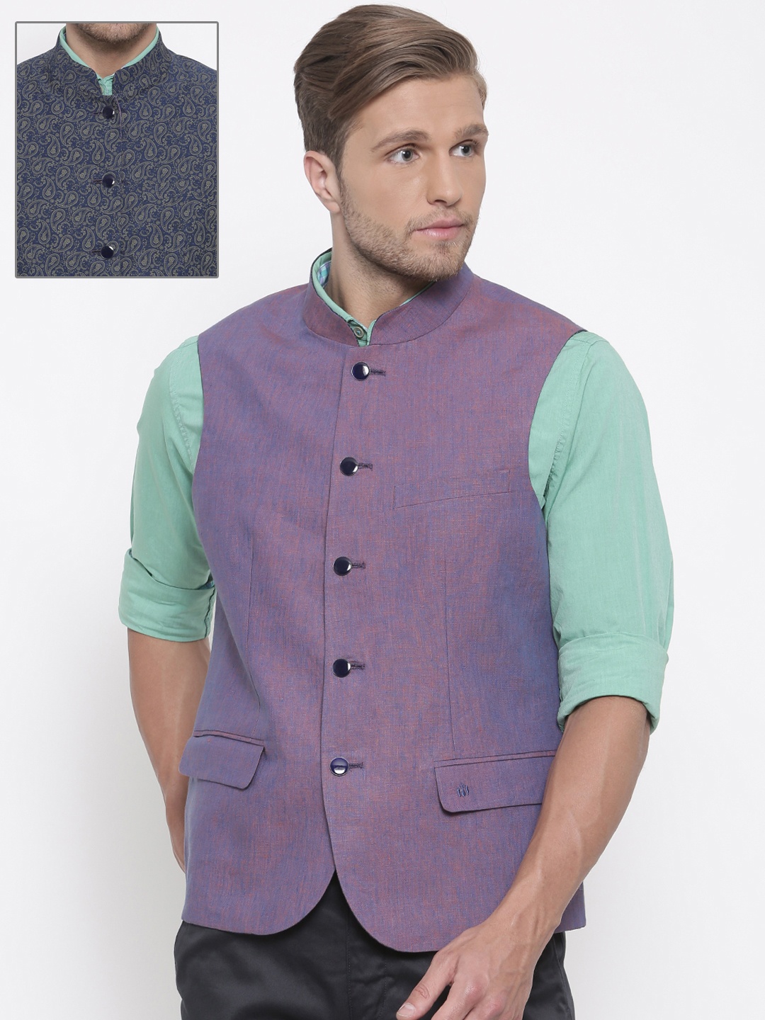 

Lombard Men Navy & Pink Reversible Linen Nehru Jacket, Navy blue