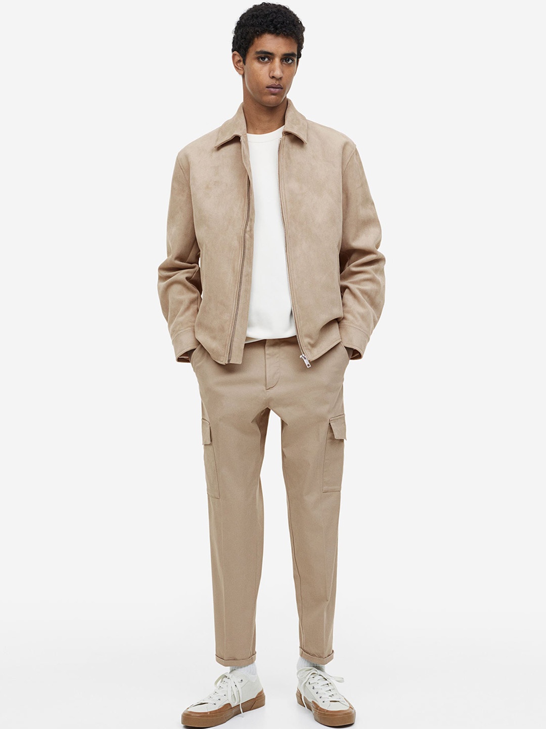 

H&M Men Slim Fit Cropped Cargo Trousers, Beige