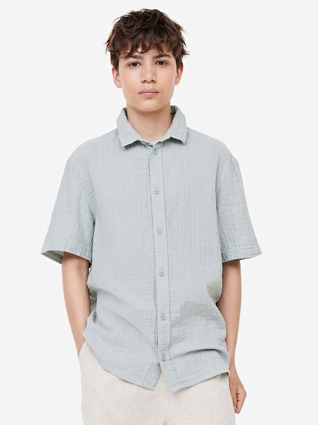 

H&M Boys Crinkled Cotton Shirt, Grey