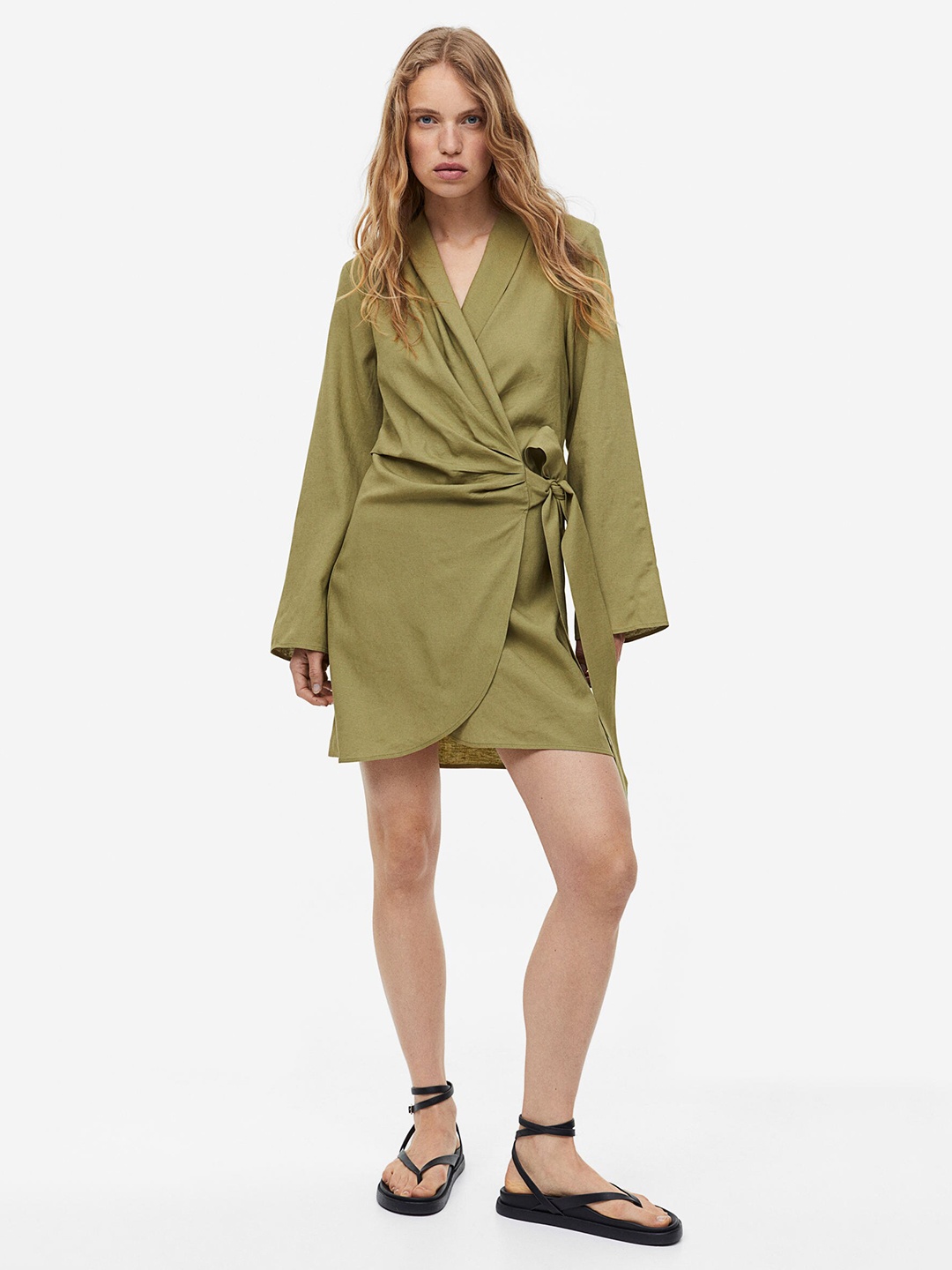 

H&M Linen-Blend Wrap Dress, Green