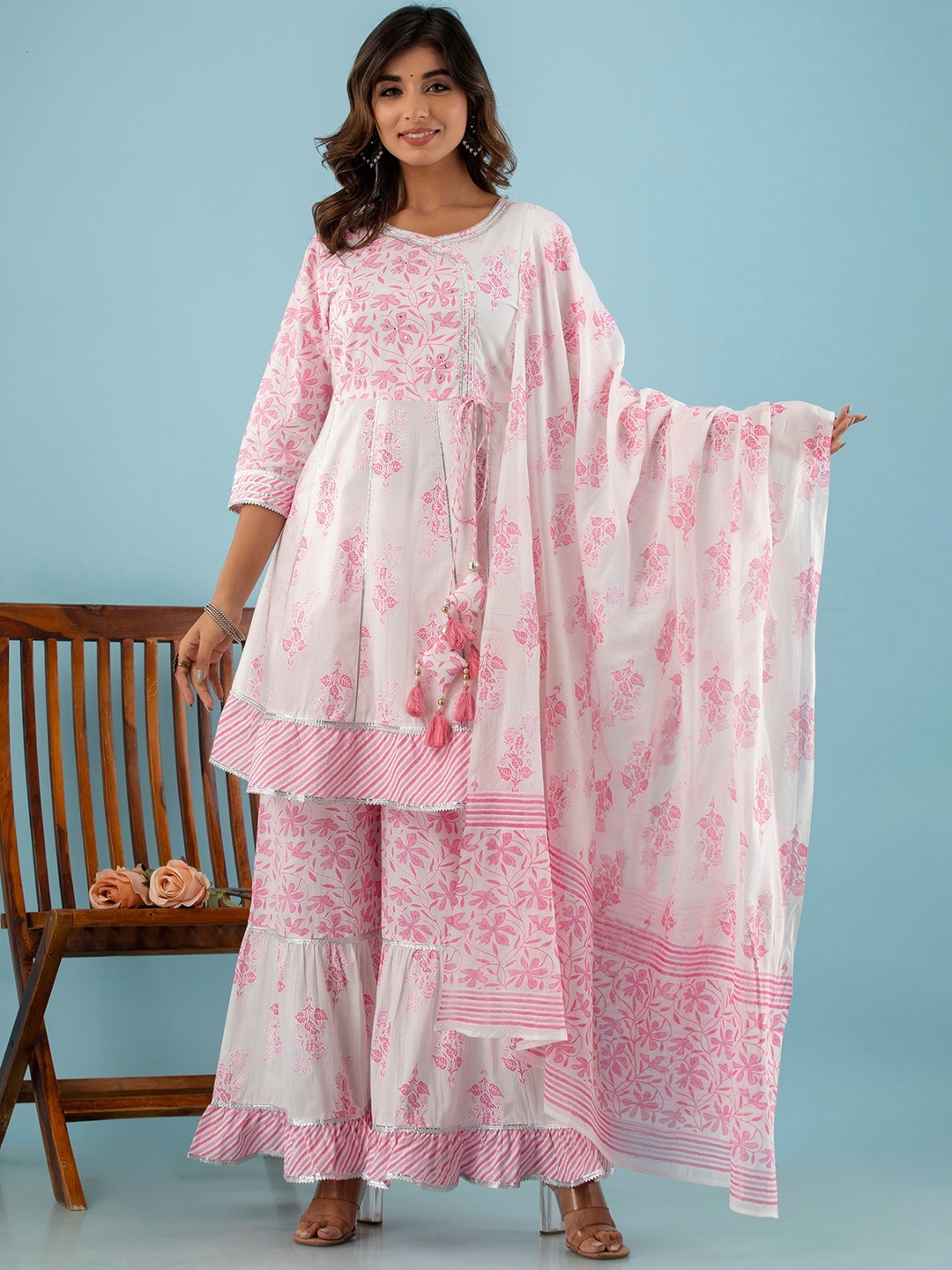 

Kohsh Floral Printed Pure Cotton Kurta & Sharara With Dupatta, White