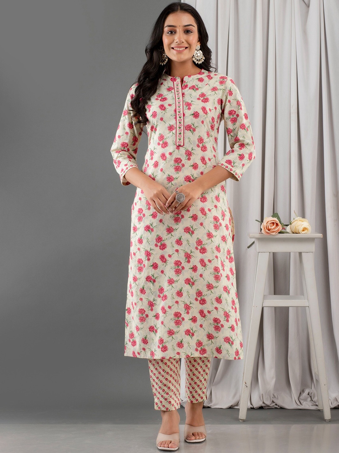 

Kohsh Floral Printed Pure Cotton Kurta & Trousers With Dupatta, Cream