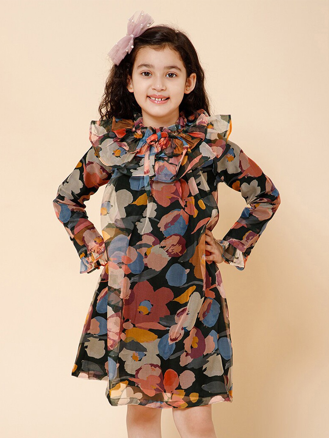

PICCOLO Girls Floral Printed High Neck Ruffled A-Line Dress, Black