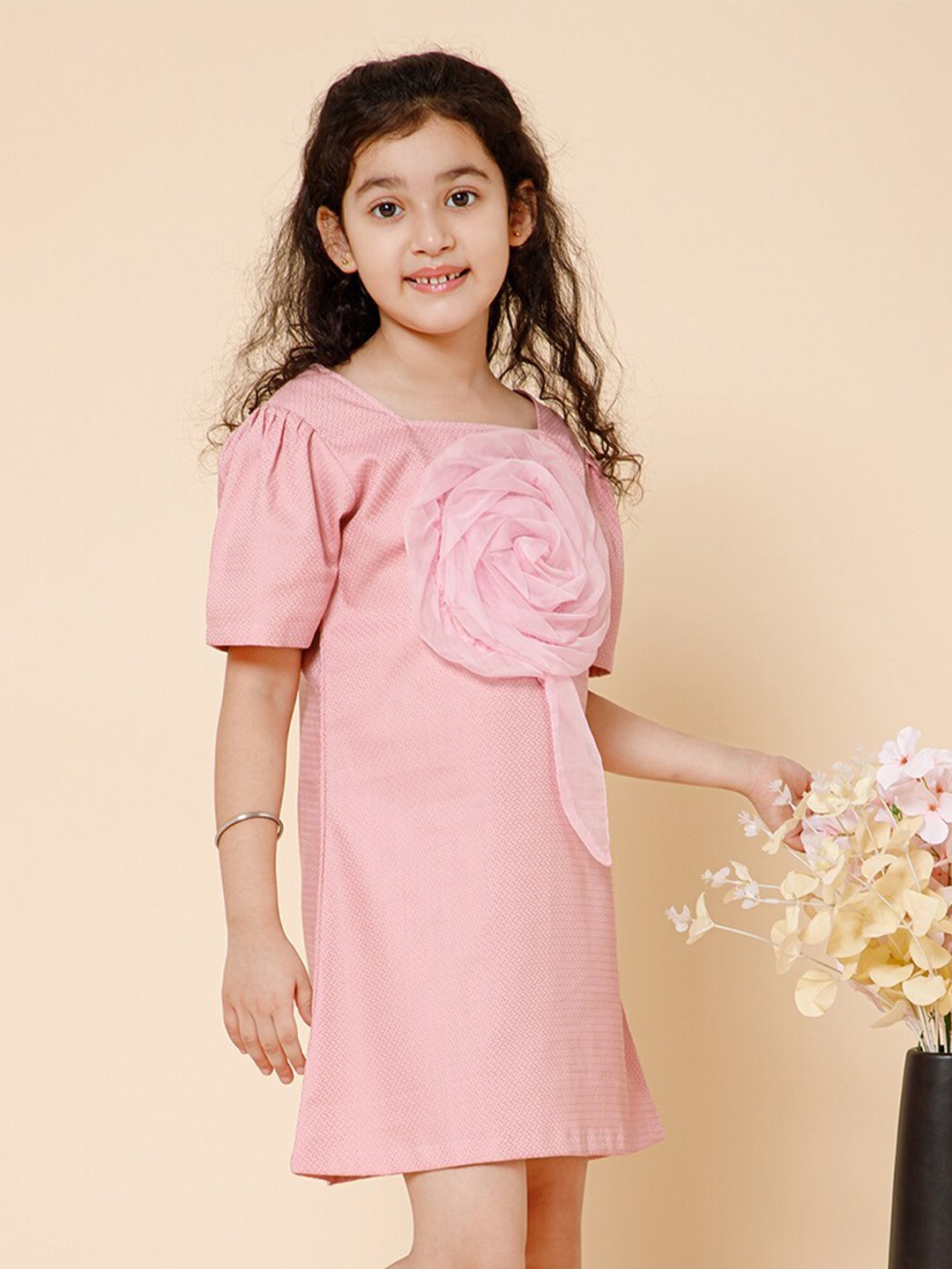 

PICCOLO Girls Embellished Square Neck Puff Sleeve A-Line Dress, Pink