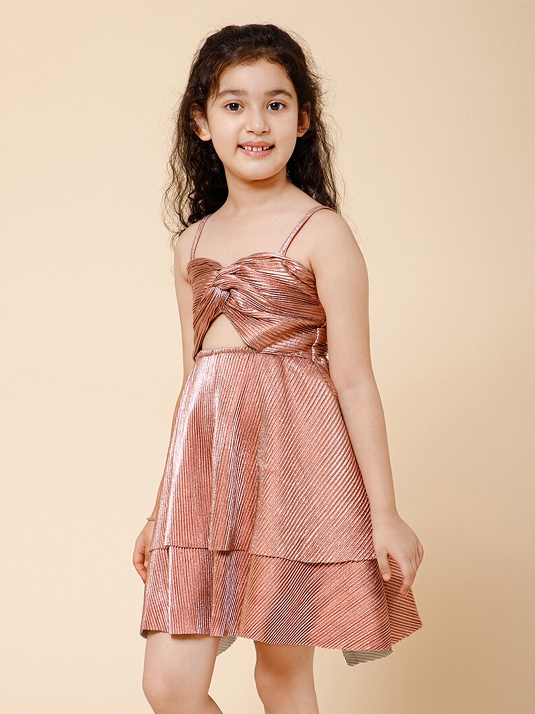 

PICCOLO Girls Embellished Shoulder Straps Layered Acrylic Fit & Flare Dress, Rose gold