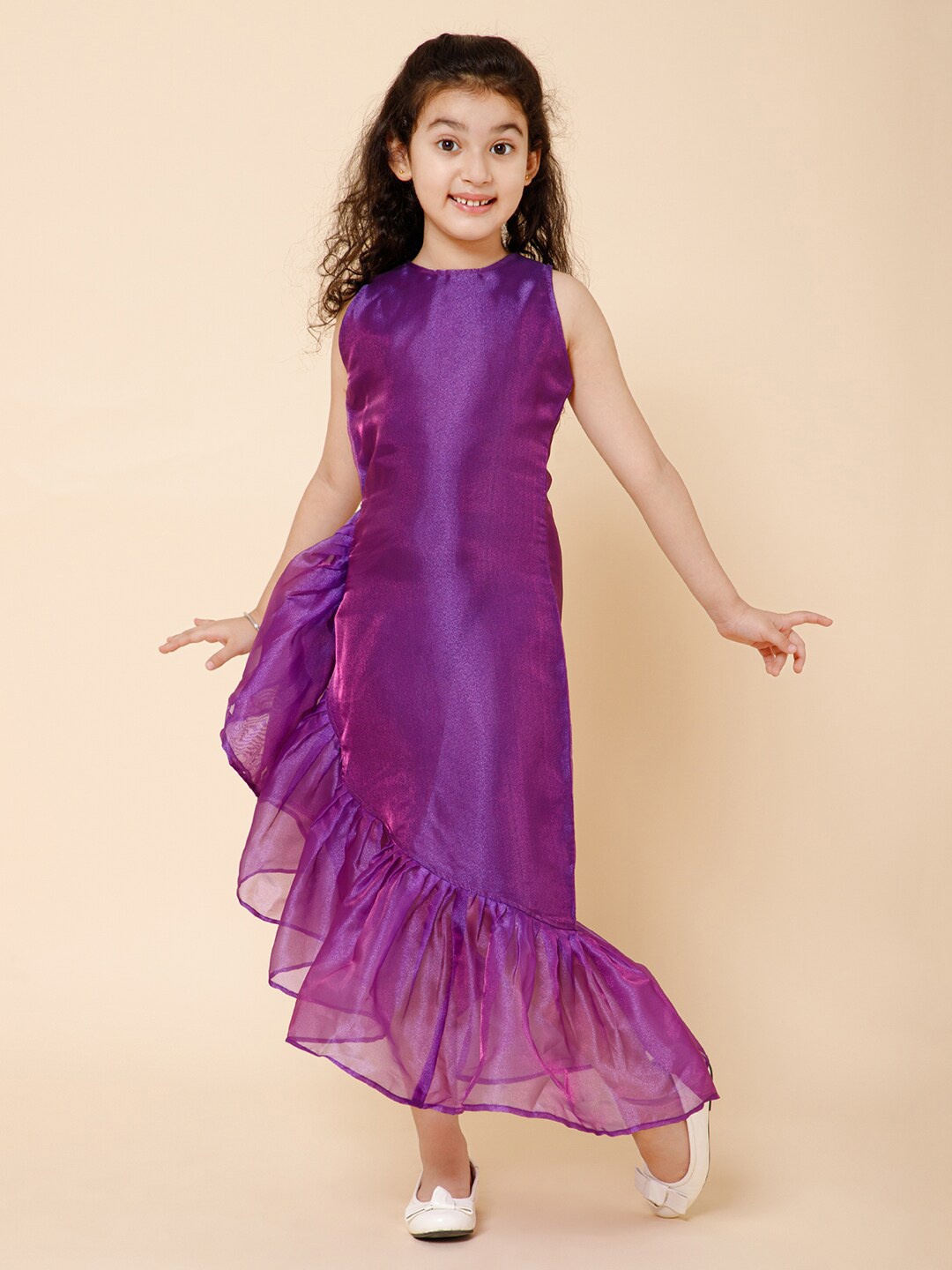 

PICCOLO Girls Round Neck Sleeveless Ruffled A-Line Maxi Dress, Purple